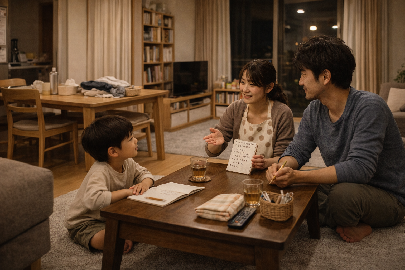 家族がテーブルで話し合うイメージ